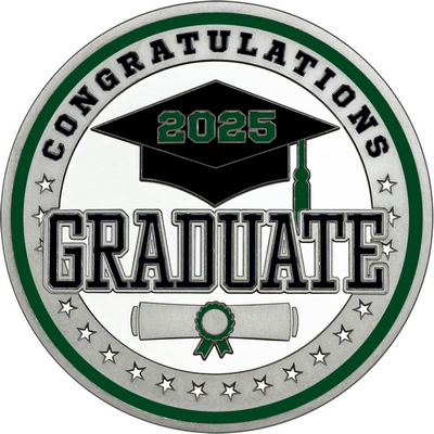 Black "Congratulations Graduate" with Dark Green 2025, Rim, Tassel & Ribbon